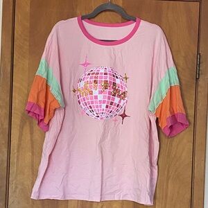 Women's Pink Disco Ball Graphic Tee with Colorblock Sleeves